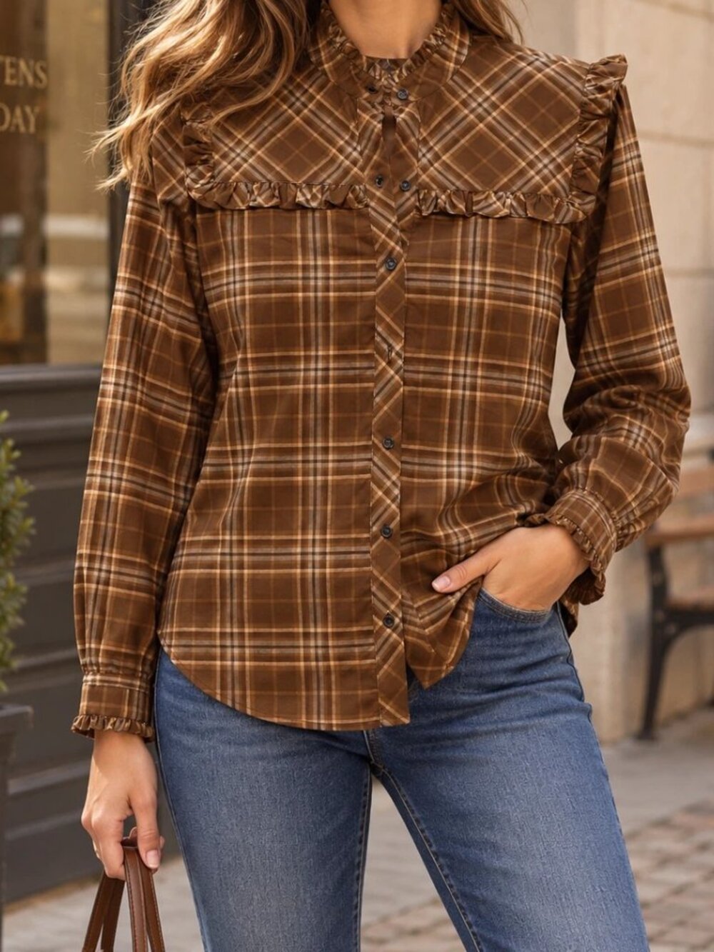 Nili Lotan Celina Blouse Shirt Top Ruffle Plaid Print Long Sleeves S 290574